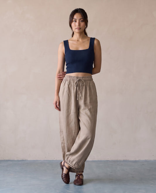 Sand Embroidered Hem Linen Trousers