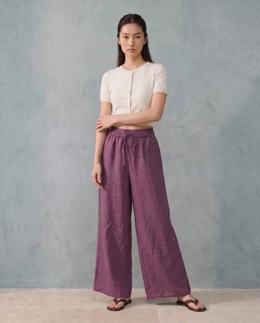 Plum Breezy Linen Wide-Leg Pants