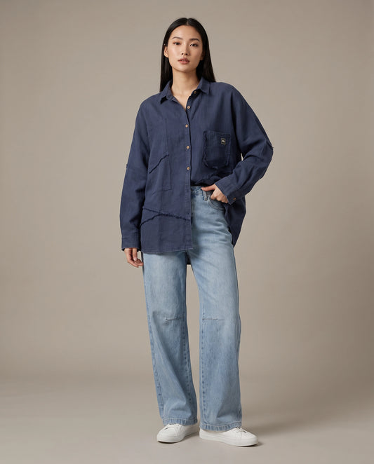 Sand-Fried Linen Overshirt - Blue