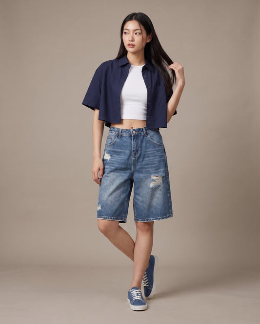 Distressed Loose Shorts – Dark Vintage Wash