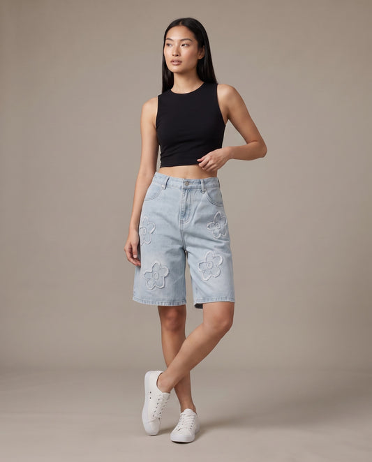Flower Embroidered Denim Shorts