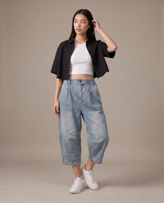 Vintage Wash Elastic Waist Denim Capri Pants