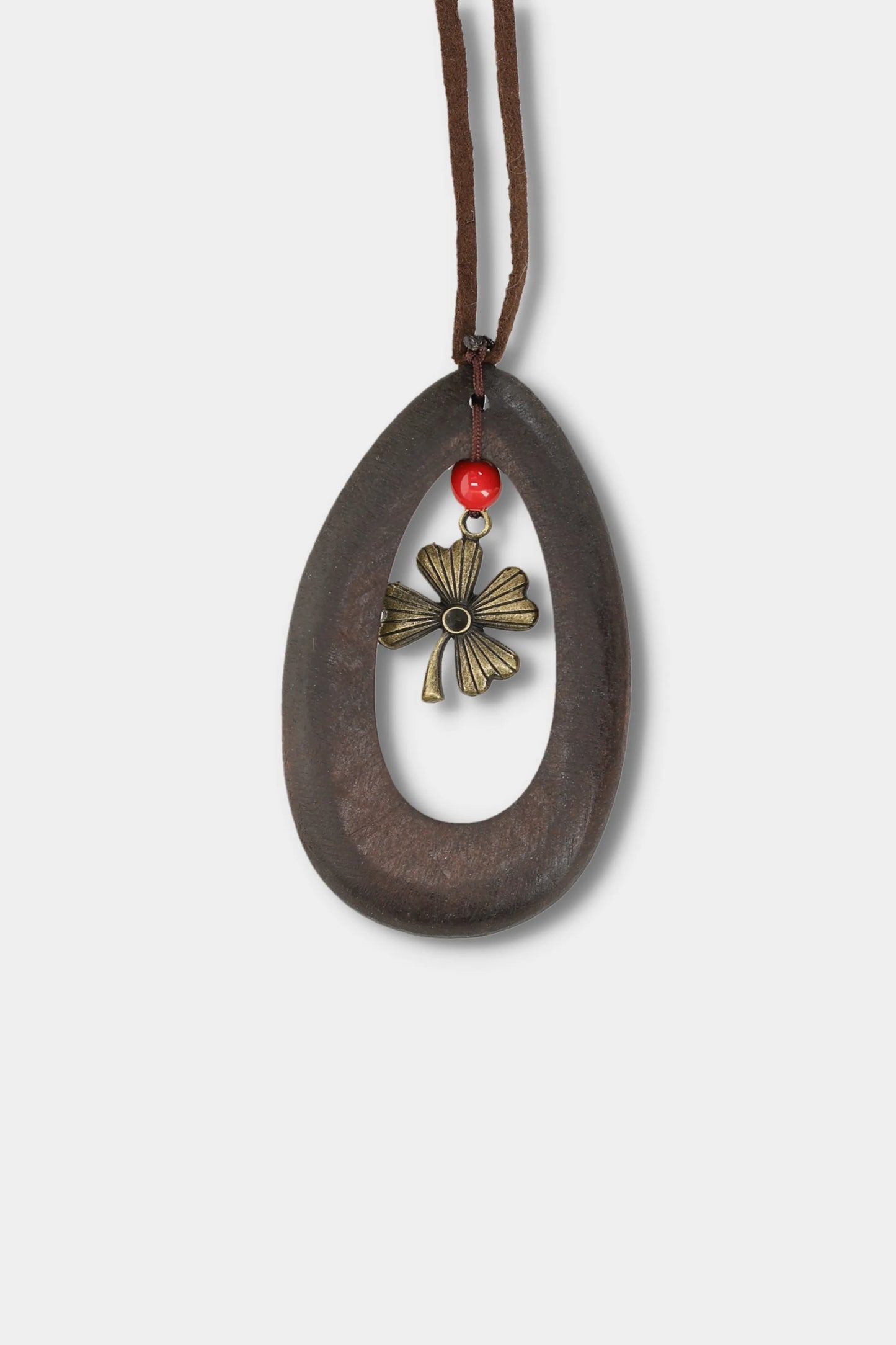 Wood Teardrop Clover Pendant Necklace (Walnut)