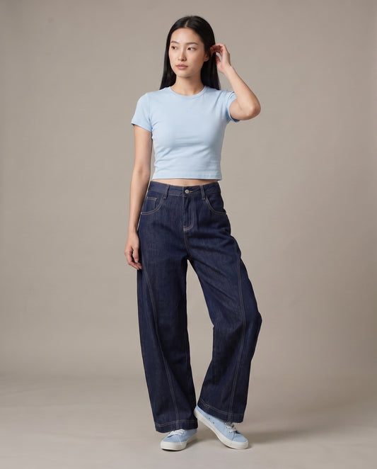 Curved Seam Barrel Wide-Leg Jeans
