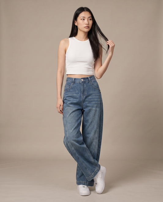 Curved Panel Wide-Leg Dark Wash Jeans