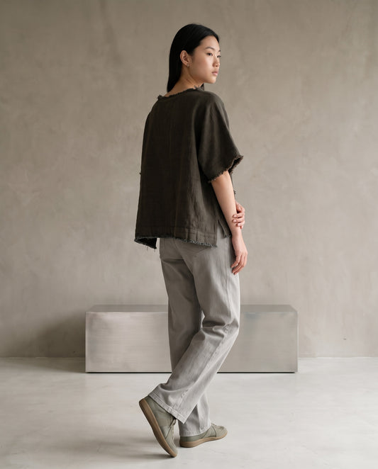 Coffee Grey Raw-Edge Linen Top
