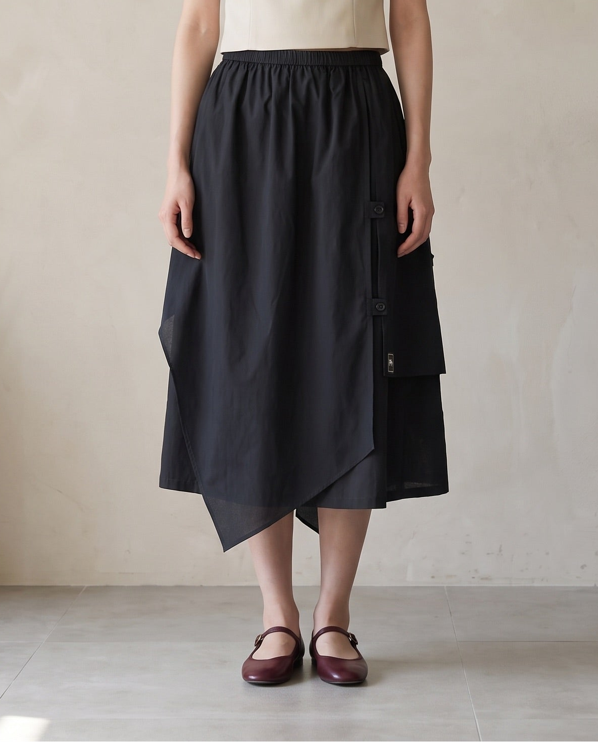 Women's Black Asymmetric Cotton Midi Skirt | Cheesecherry