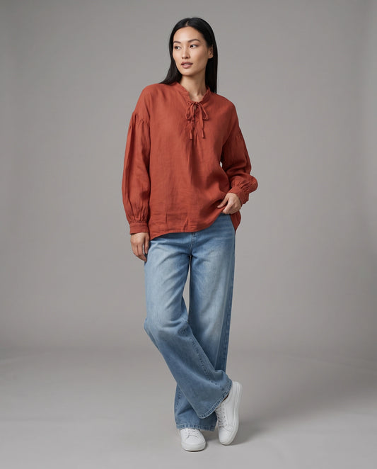 Cinnabar Tie-Neck Linen Blouse