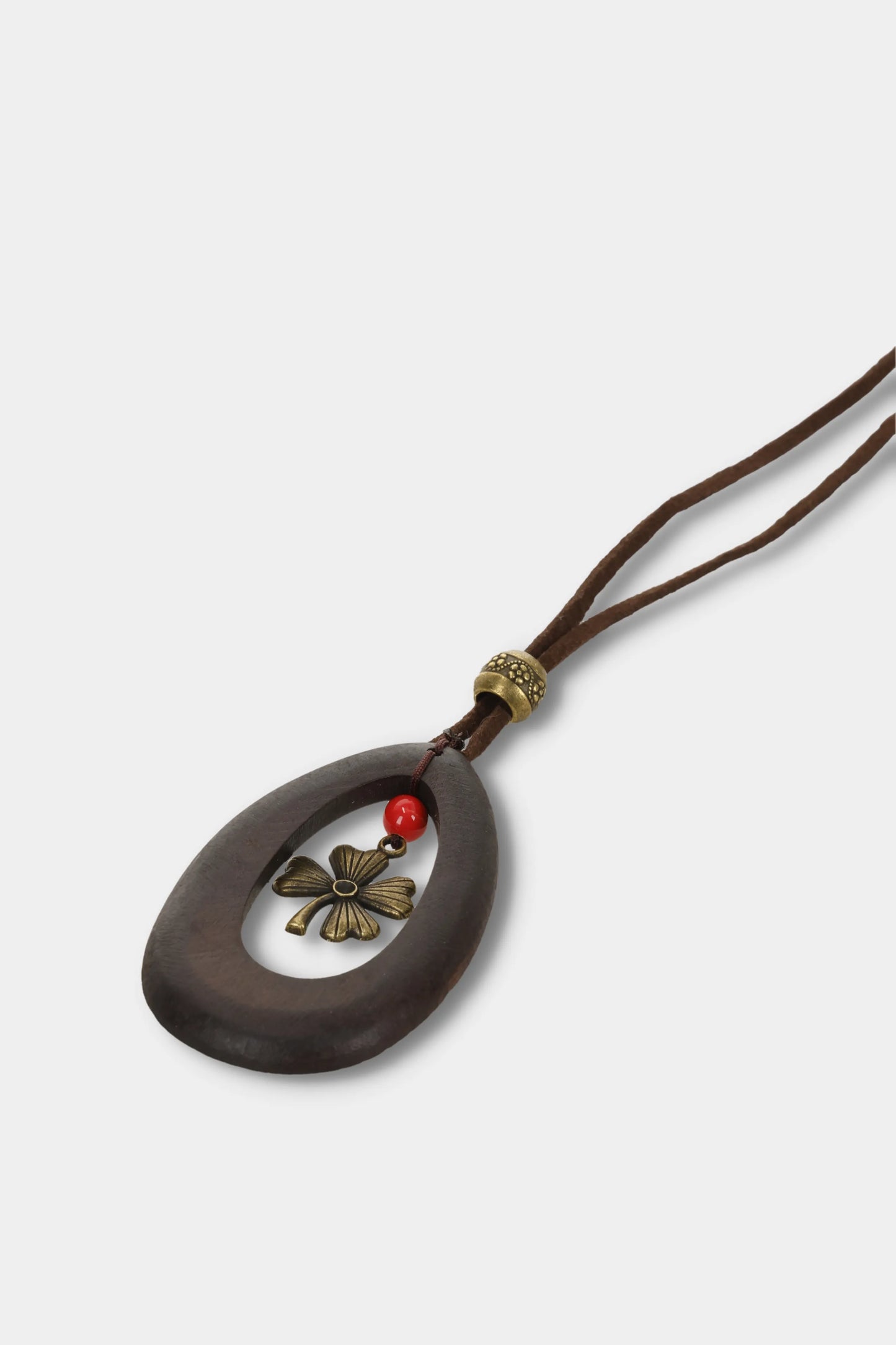 Wood Teardrop Clover Pendant Necklace (Walnut)
