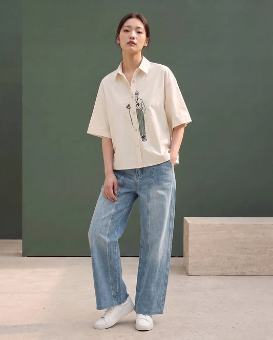 Embroidered Line-Art Short-Sleeve Shirt