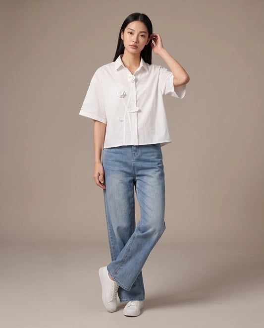 White Rosette Appliqué Boxy Shirt