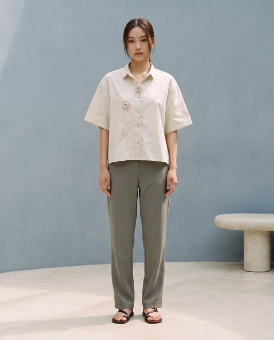 Warm Sand Rosette Appliqué Boxy Shirt