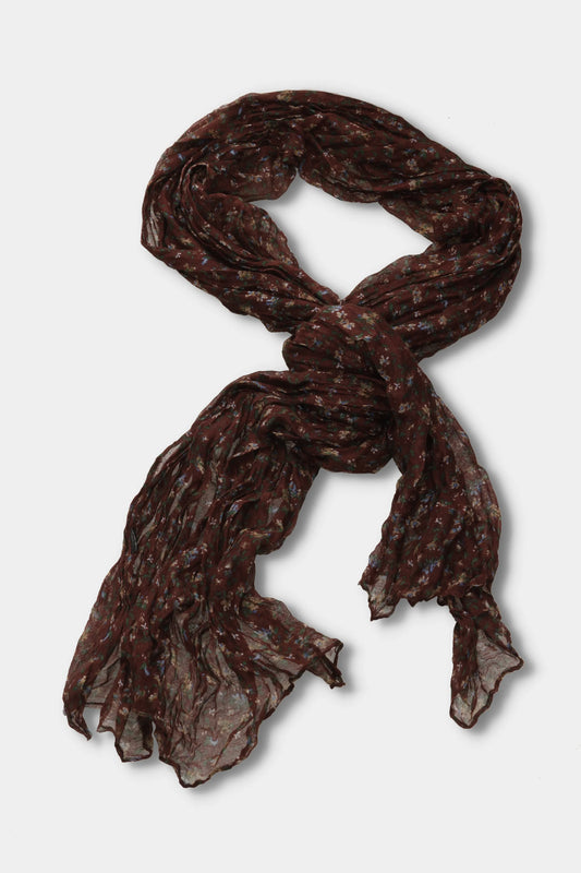 Crinkled Floral Cotton-Linen Scarf — Wine