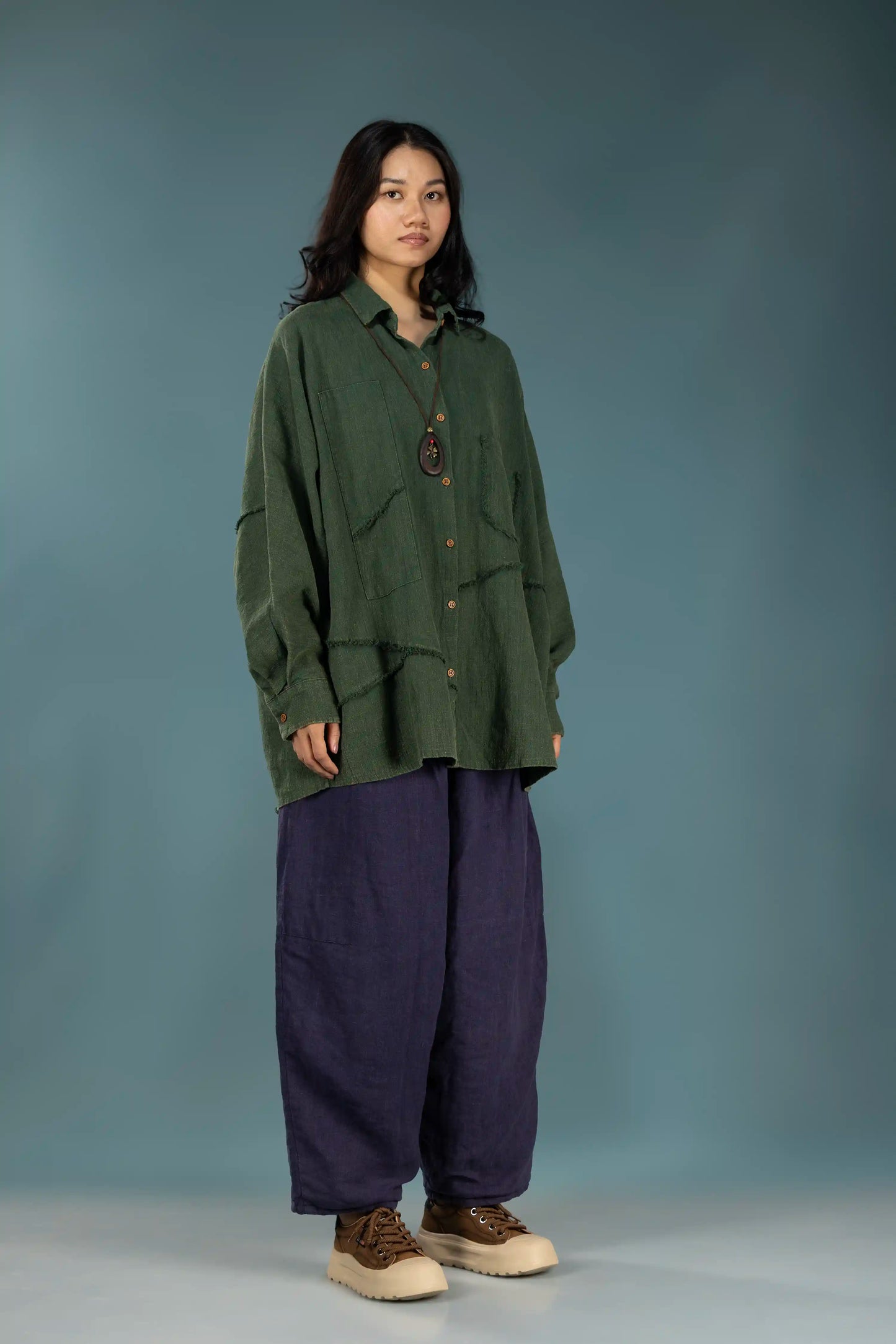 Sand-Fried Linen Overshirt - Green