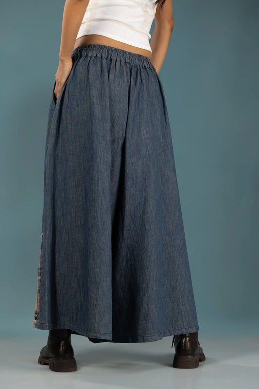 Plaid Patch Denim Wide-Leg Pants