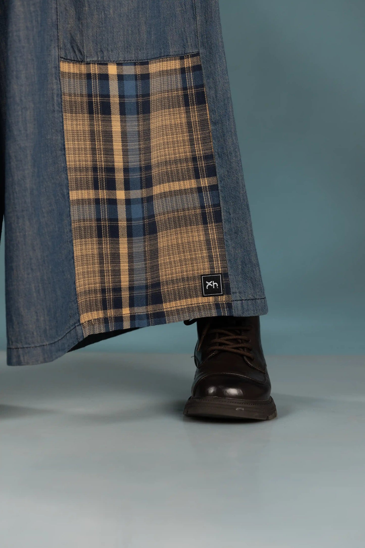 Plaid Patch Denim Wide-Leg Pants
