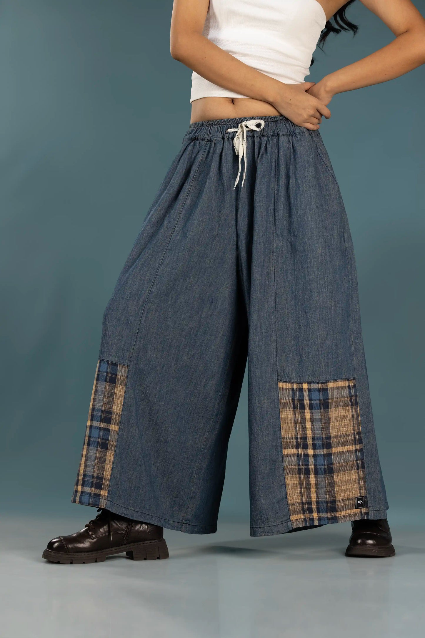 Plaid Patch Denim Wide-Leg Pants