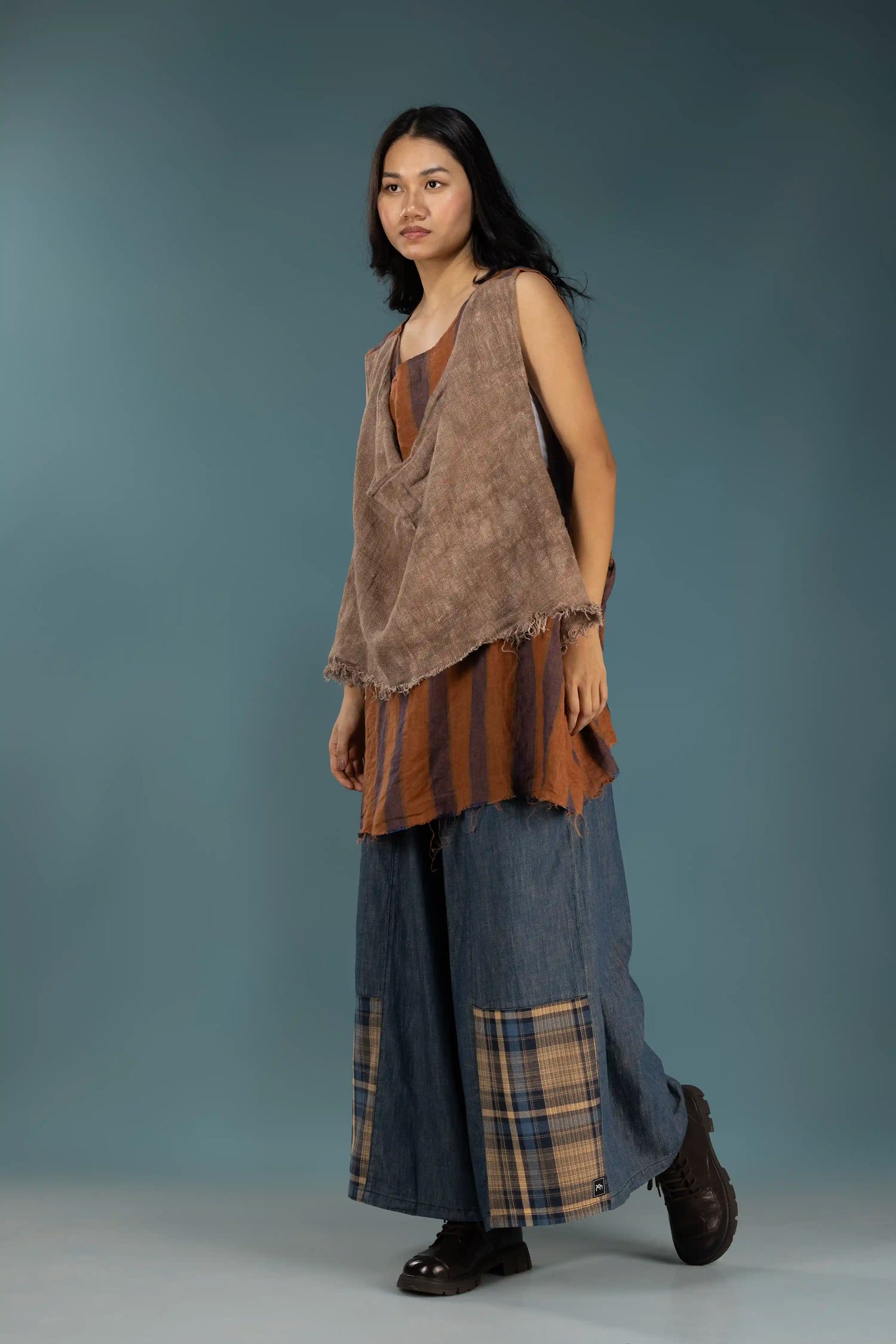 Plaid Patch Denim Wide-Leg Pants