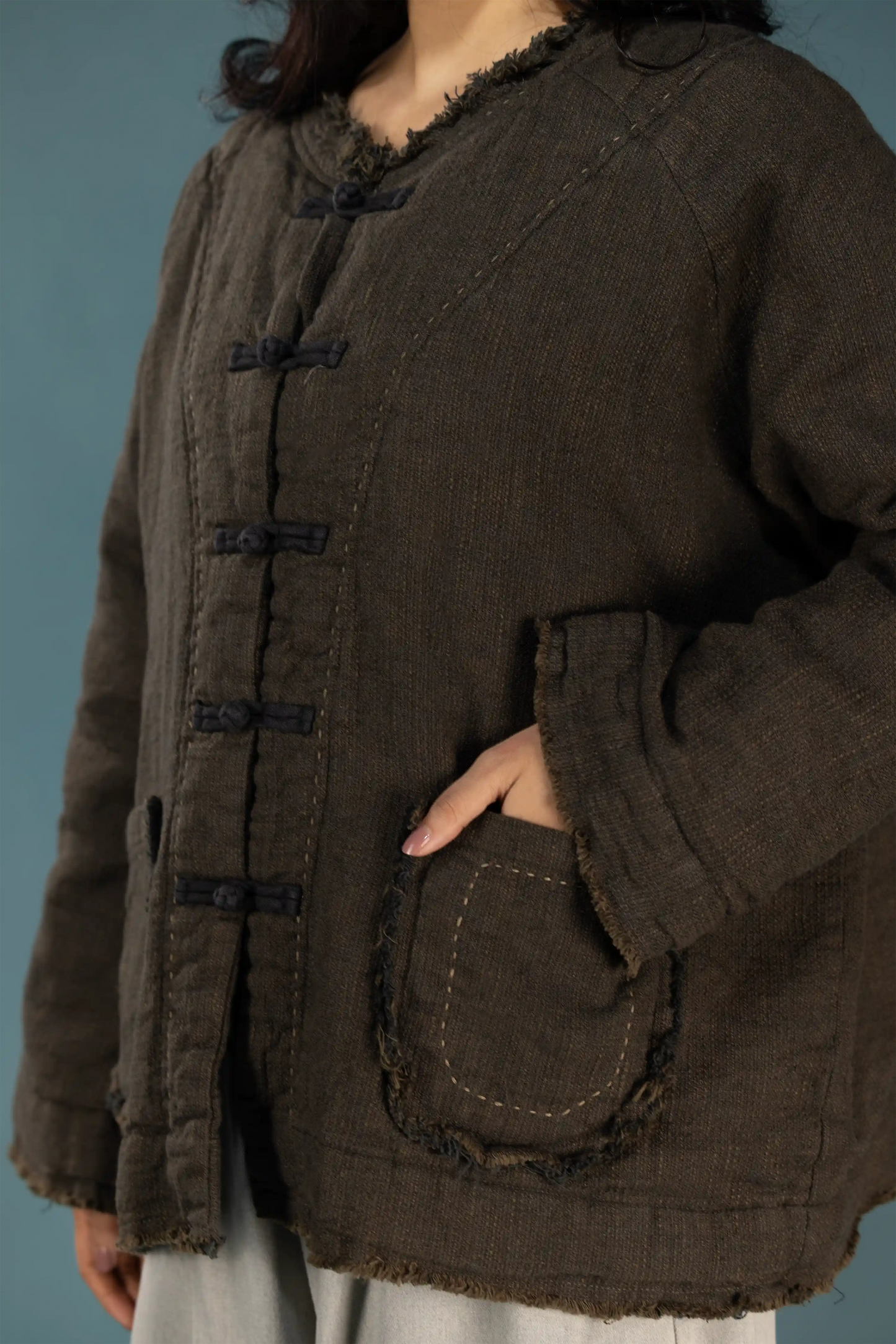 Raw-Edge Linen Frog Jacket (Padded)