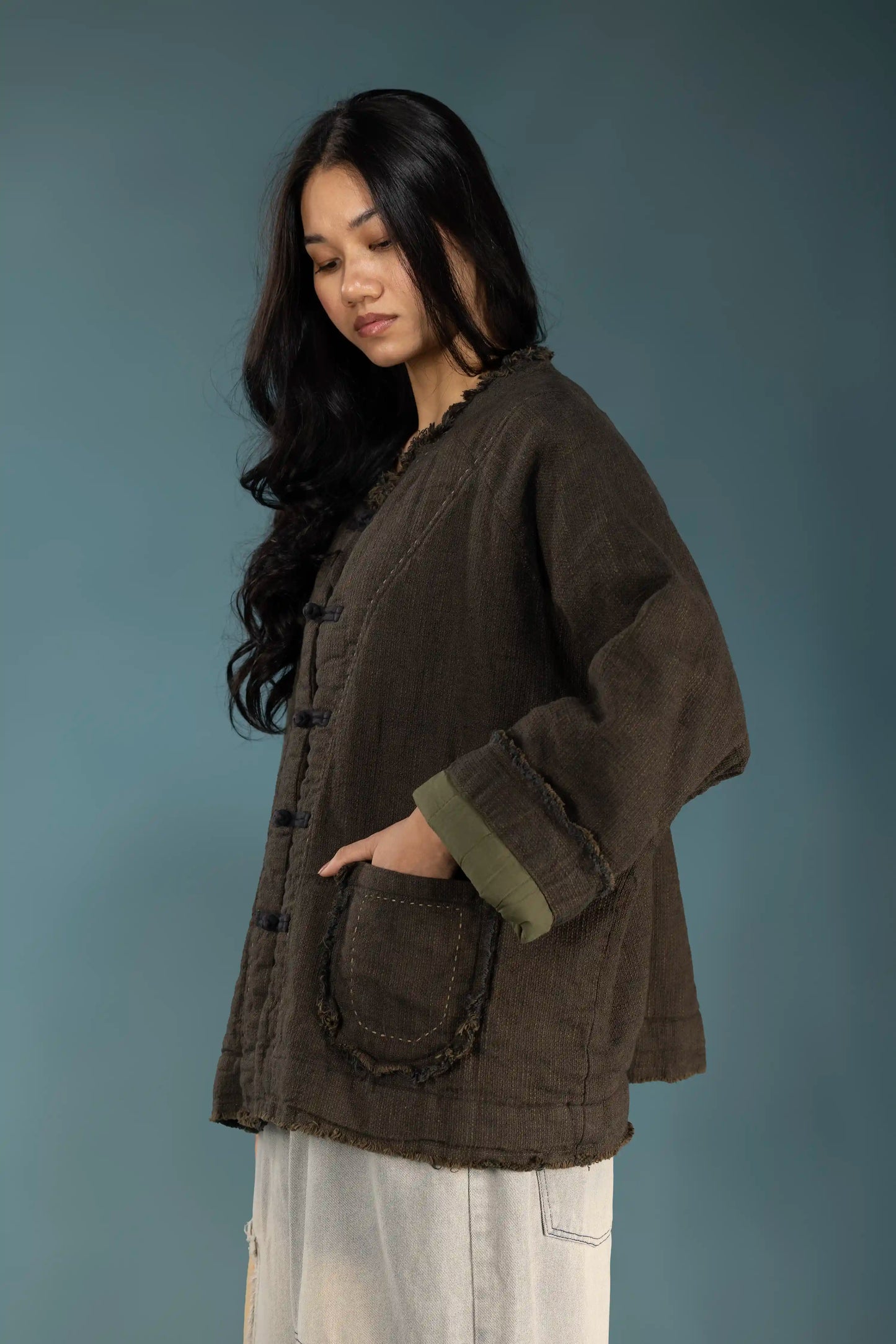Raw-Edge Linen Frog Jacket (Padded)