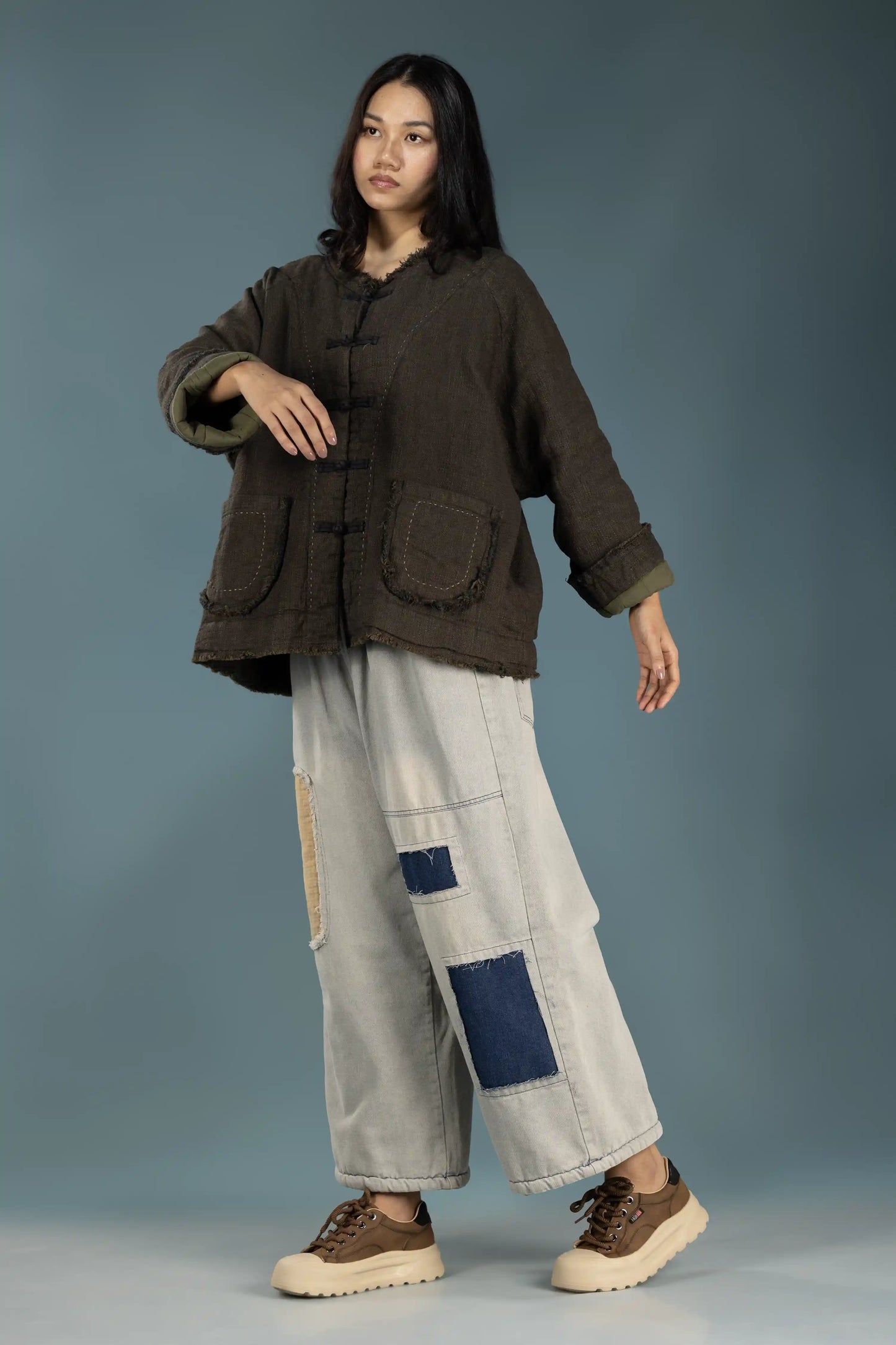 Raw-Edge Linen Frog Jacket (Padded)
