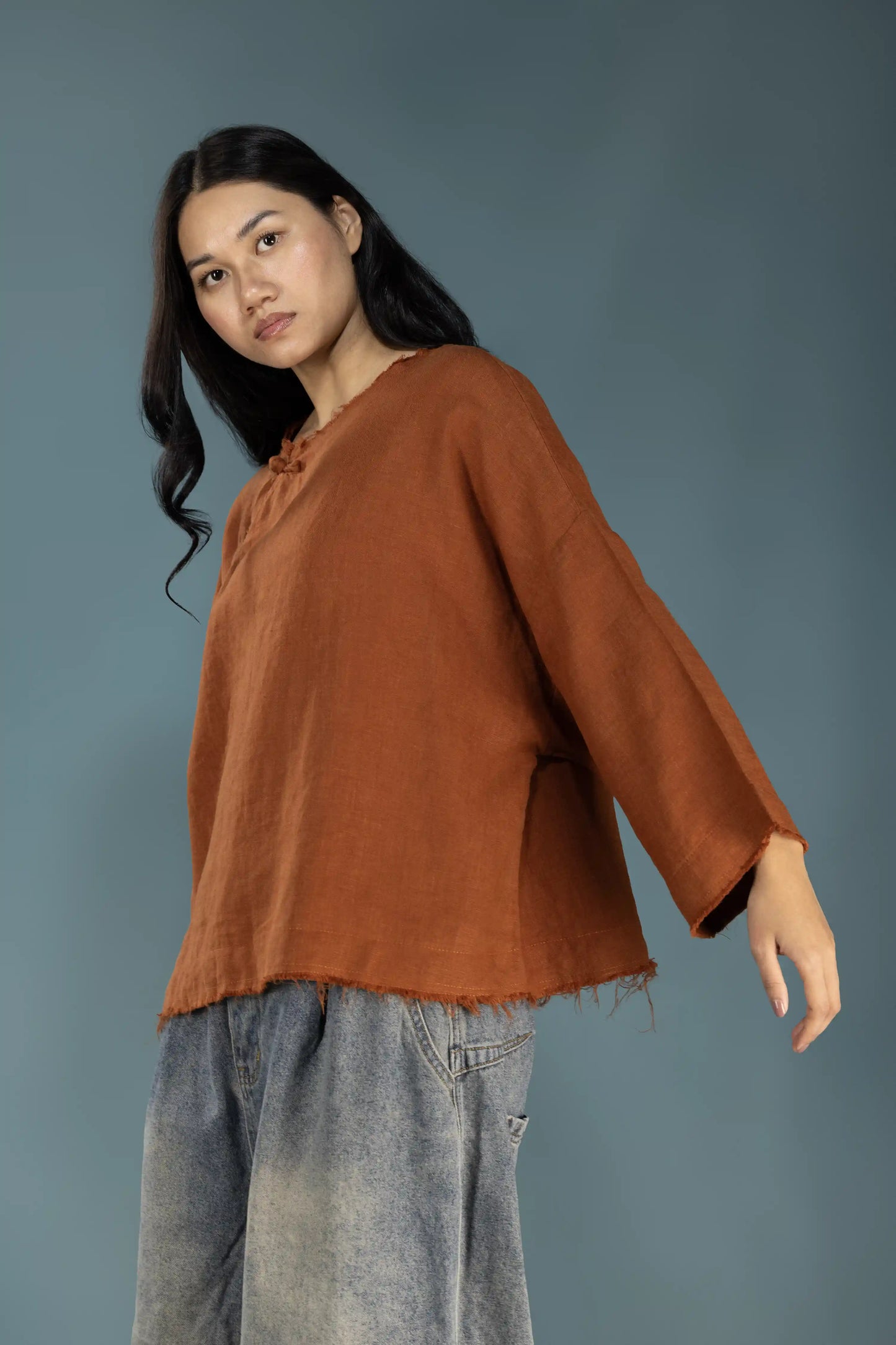 Rust Linen Raw-Edge Top