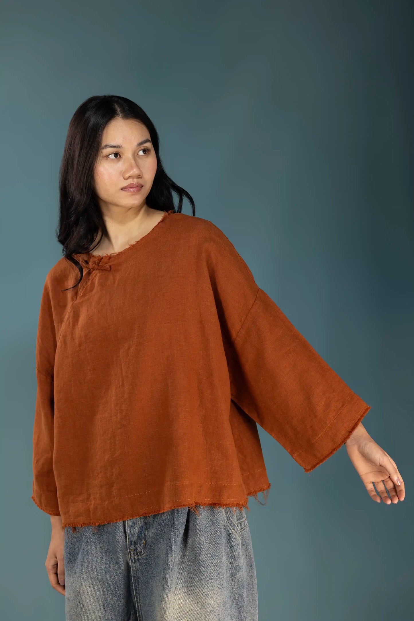 Rust Linen Raw-Edge Top