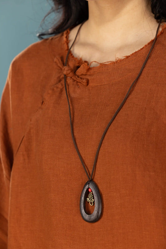 Wood Teardrop Rose Pendant Necklace (Walnut)
