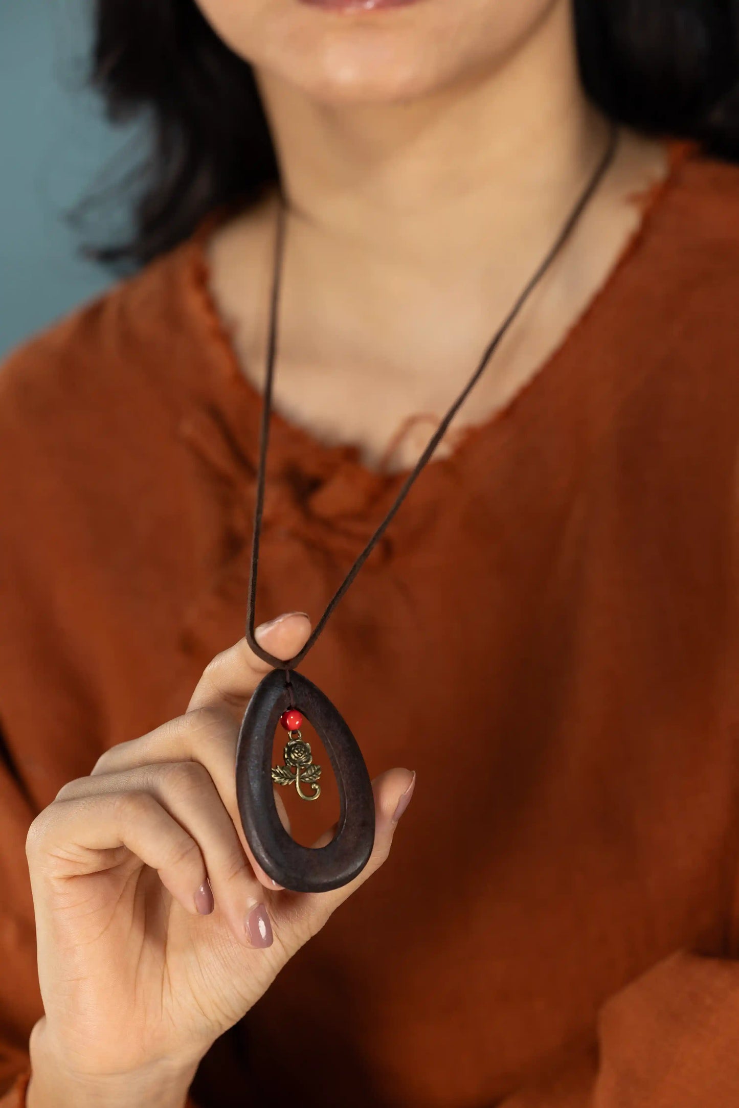 Wood Teardrop Rose Pendant Necklace (Walnut)