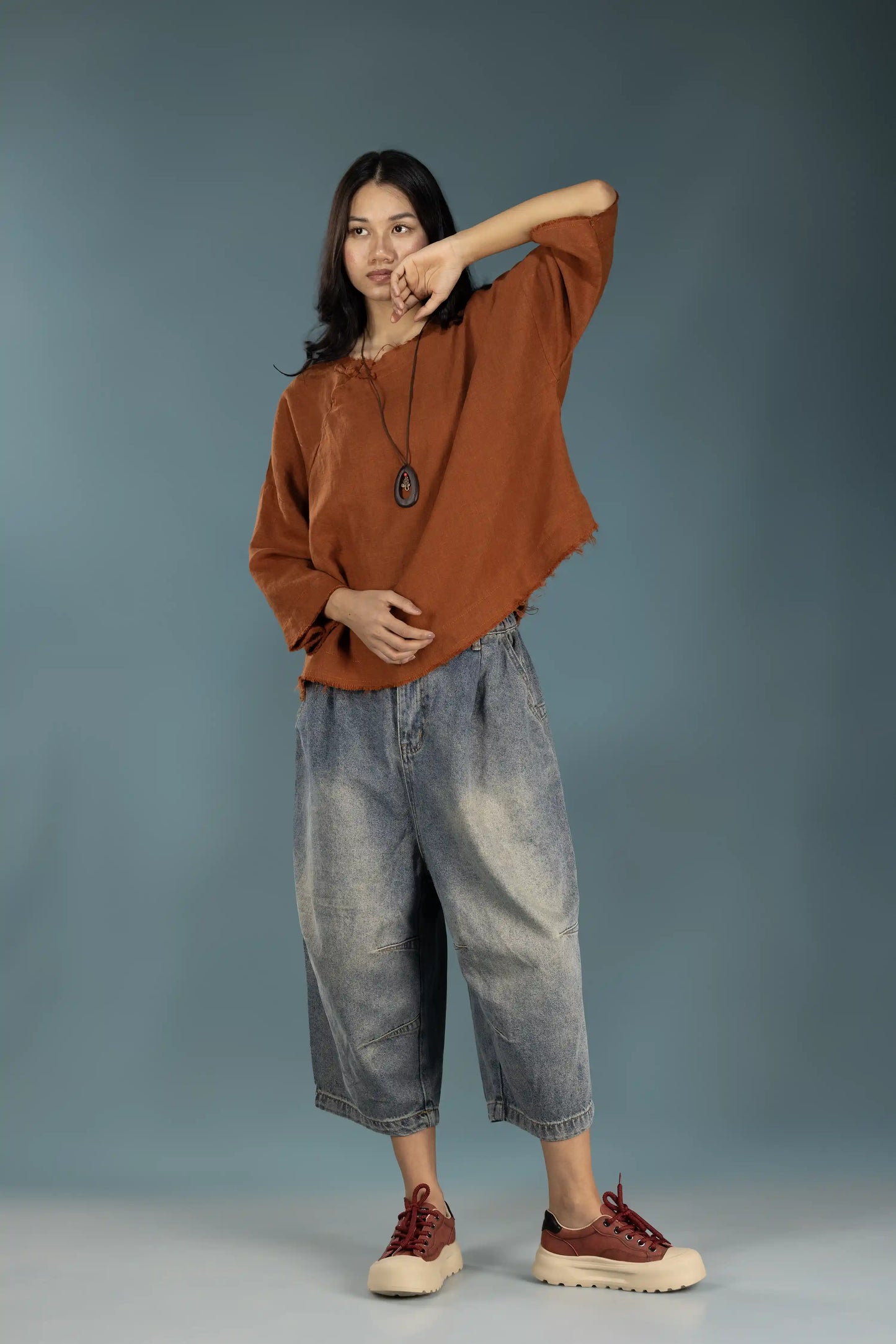 Rust Linen Raw-Edge Top