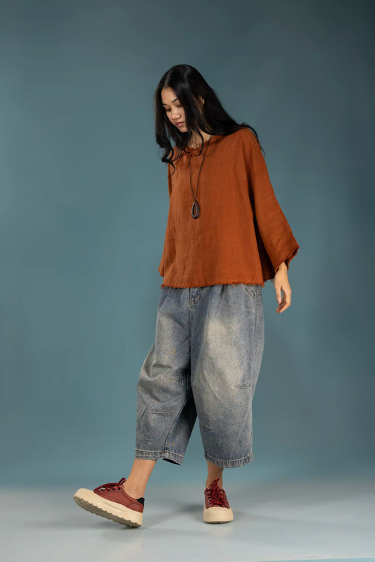 Rust Linen Raw-Edge Top