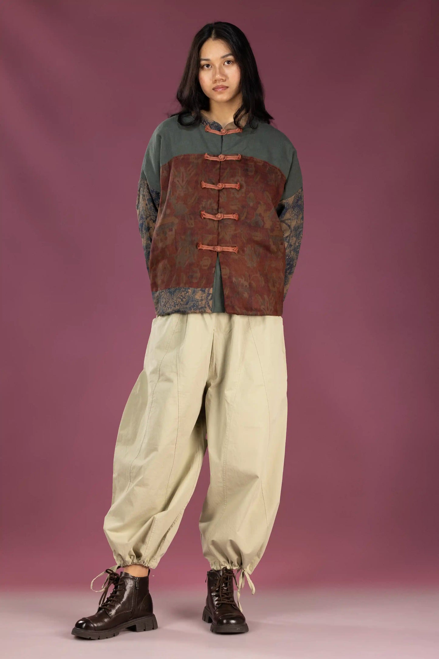 Linen Patchwork Frog Jacket (Padded)
