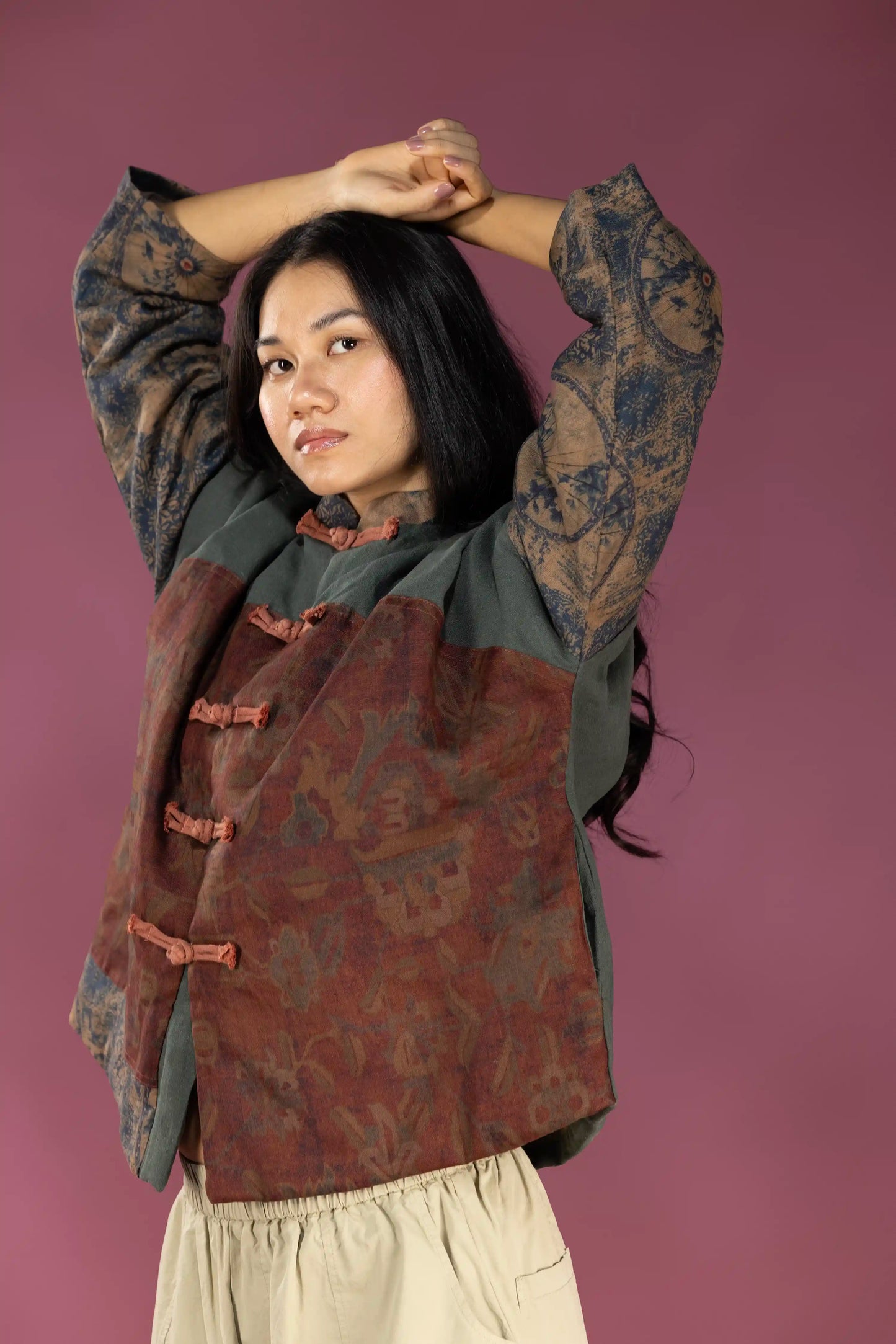 Linen Patchwork Frog Jacket (Padded)
