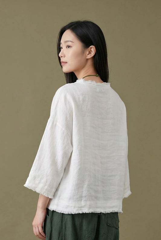 Whispered Edge Linen Top–White