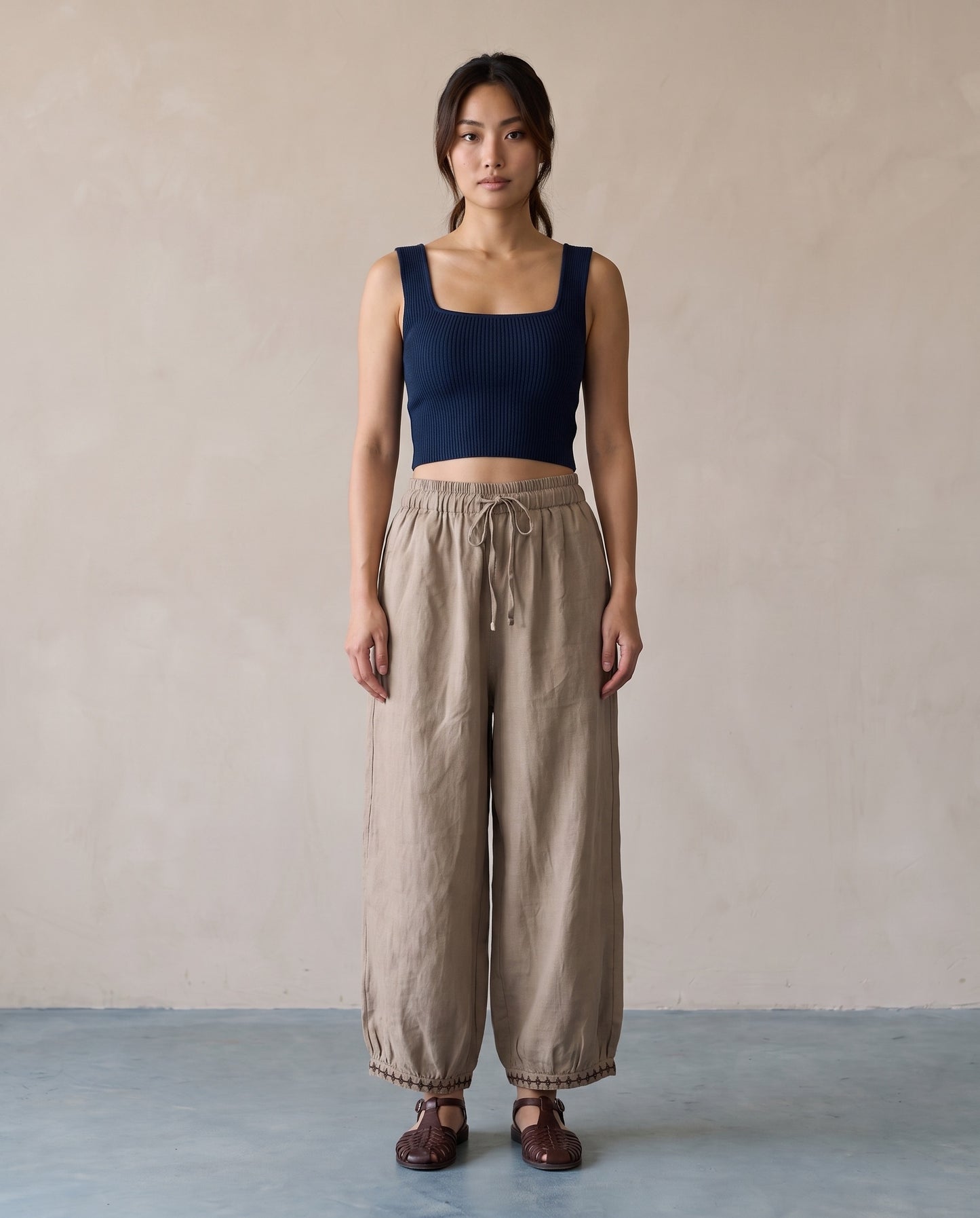Sand Embroidered Hem Linen Trousers