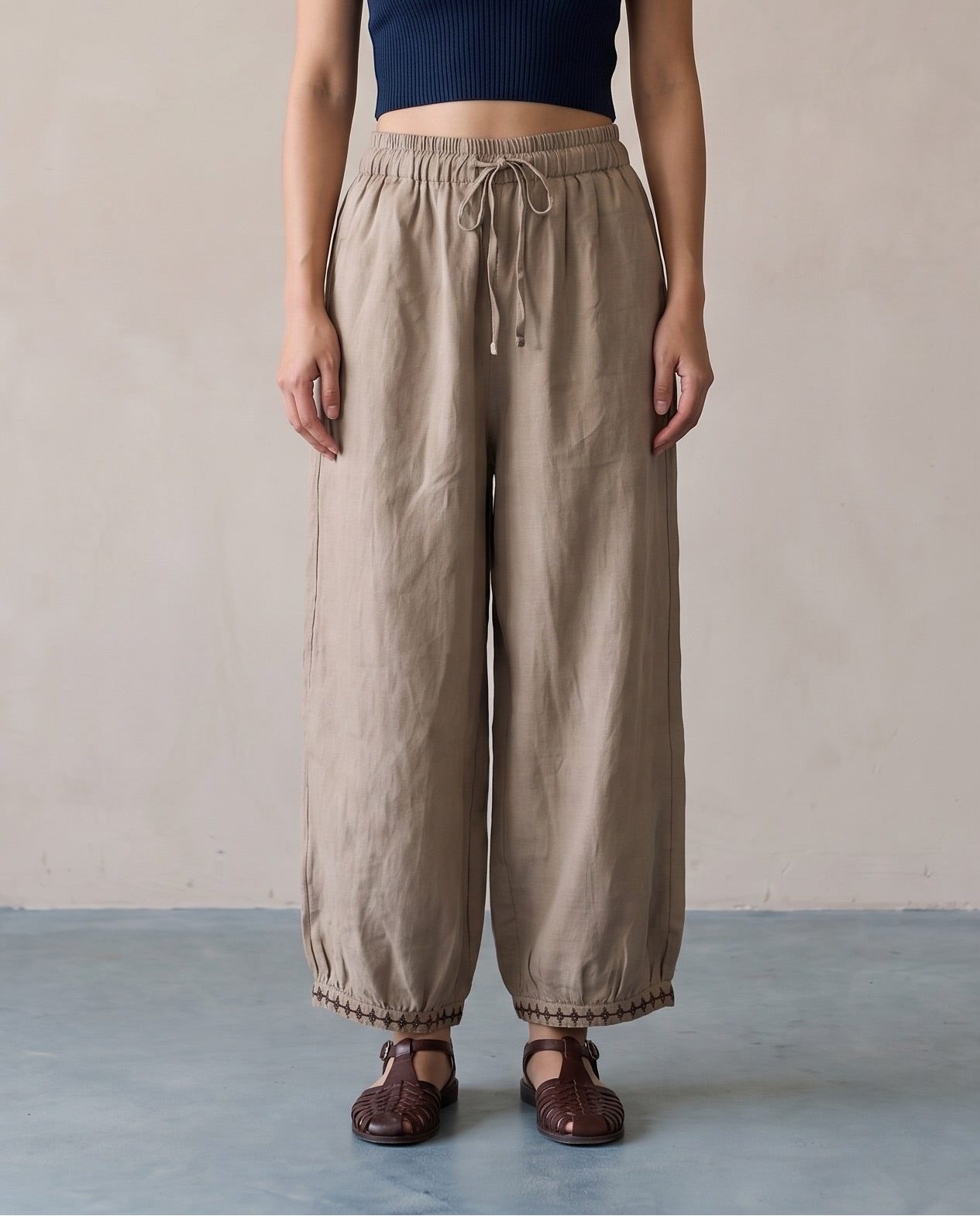 Sand Embroidered Hem Linen Trousers