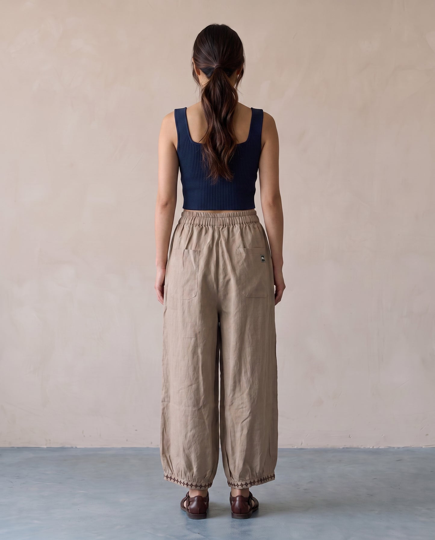 Sand Embroidered Hem Linen Trousers