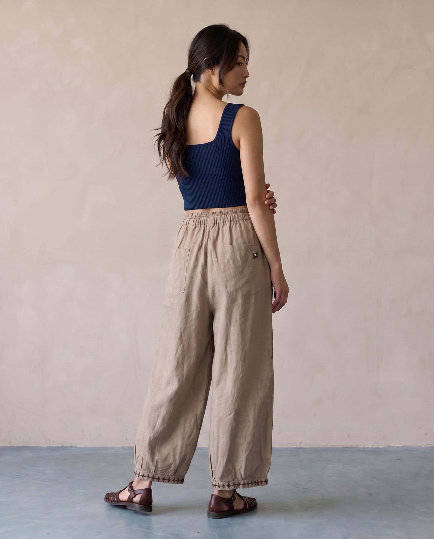 Sand Embroidered Hem Linen Trousers