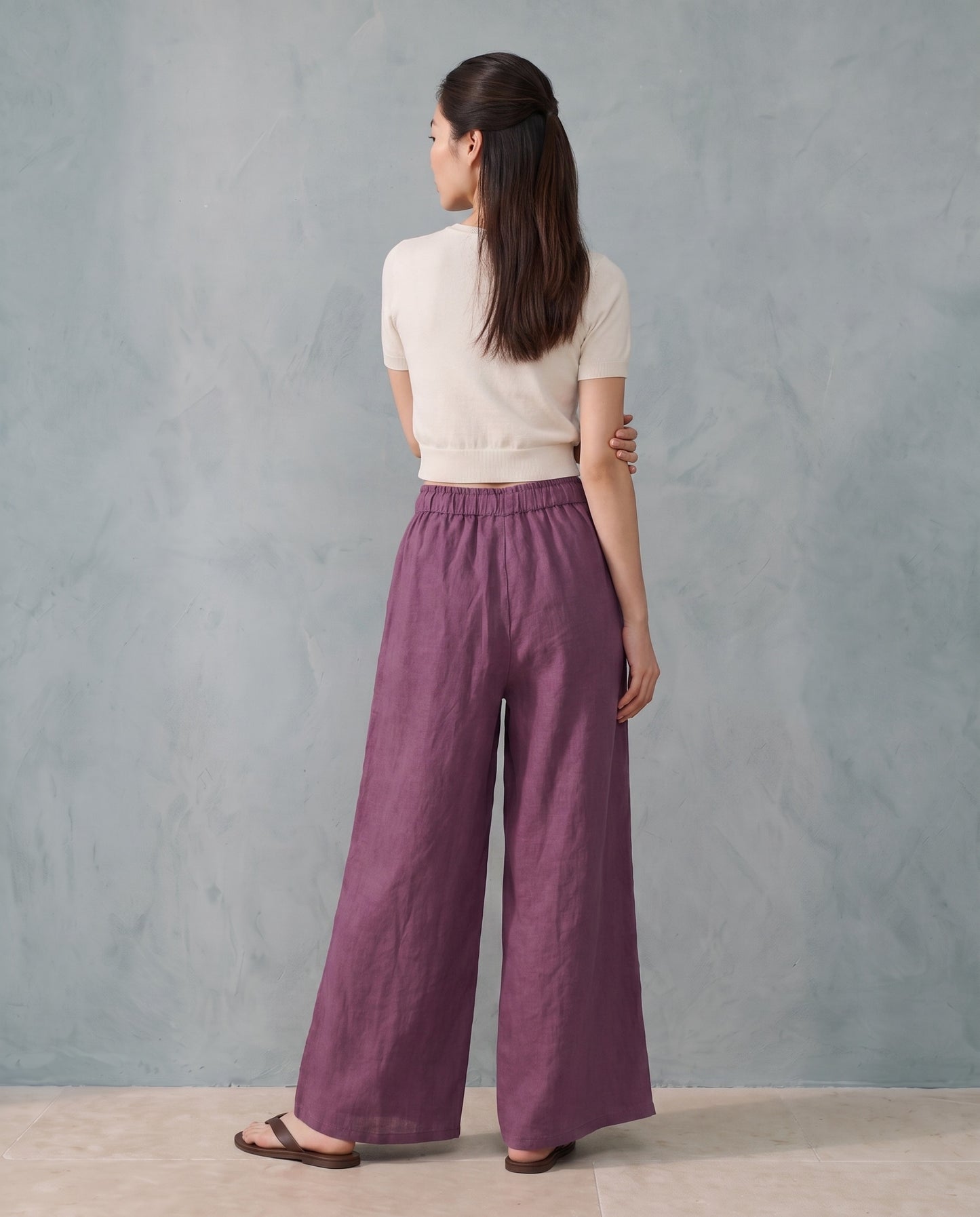 Plum Breezy Linen Wide-Leg Pants