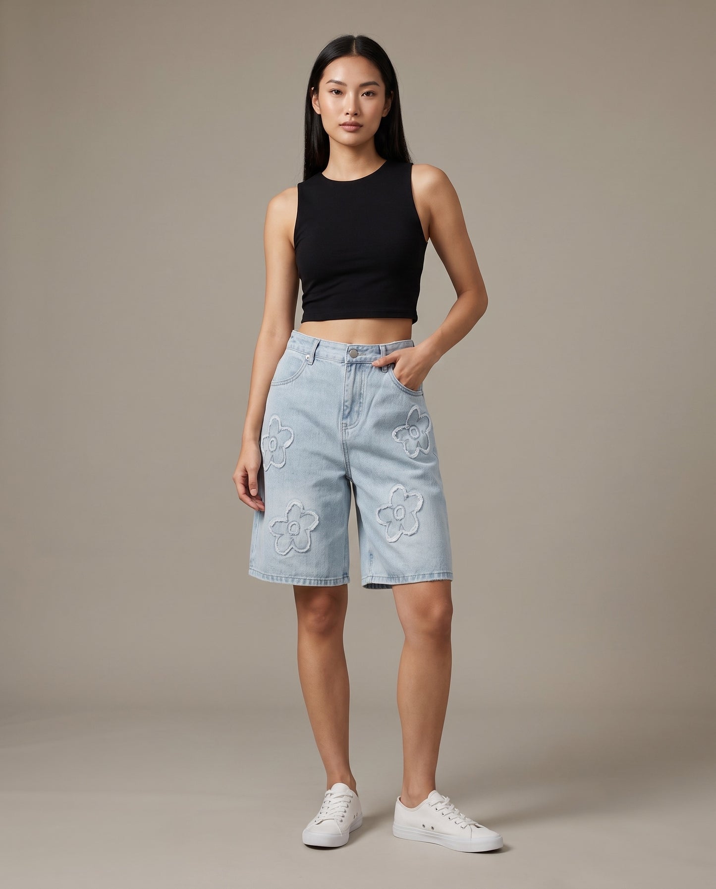 Flower Embroidered Denim Shorts