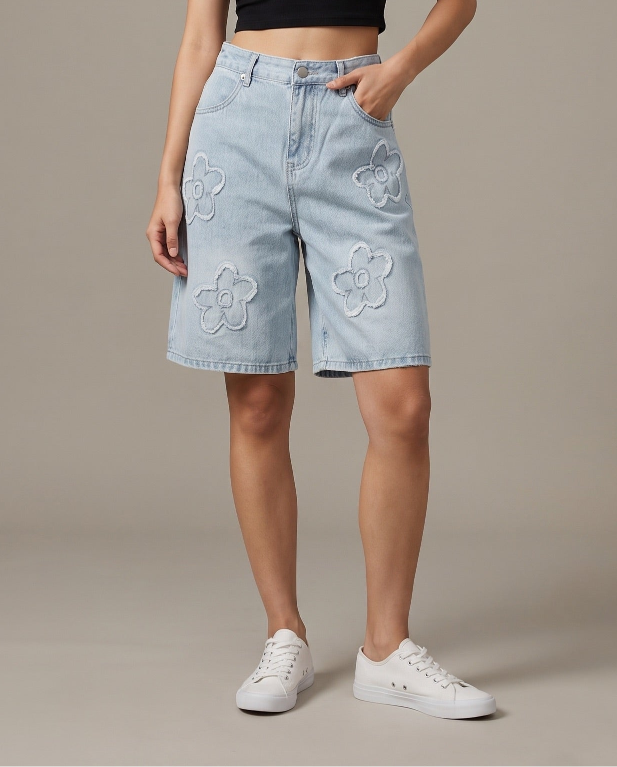 Flower Embroidered Denim Shorts