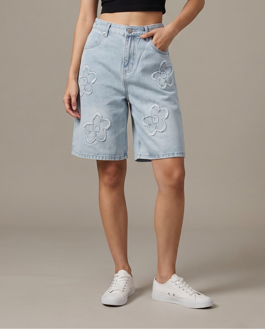 Flower Embroidered Denim Shorts