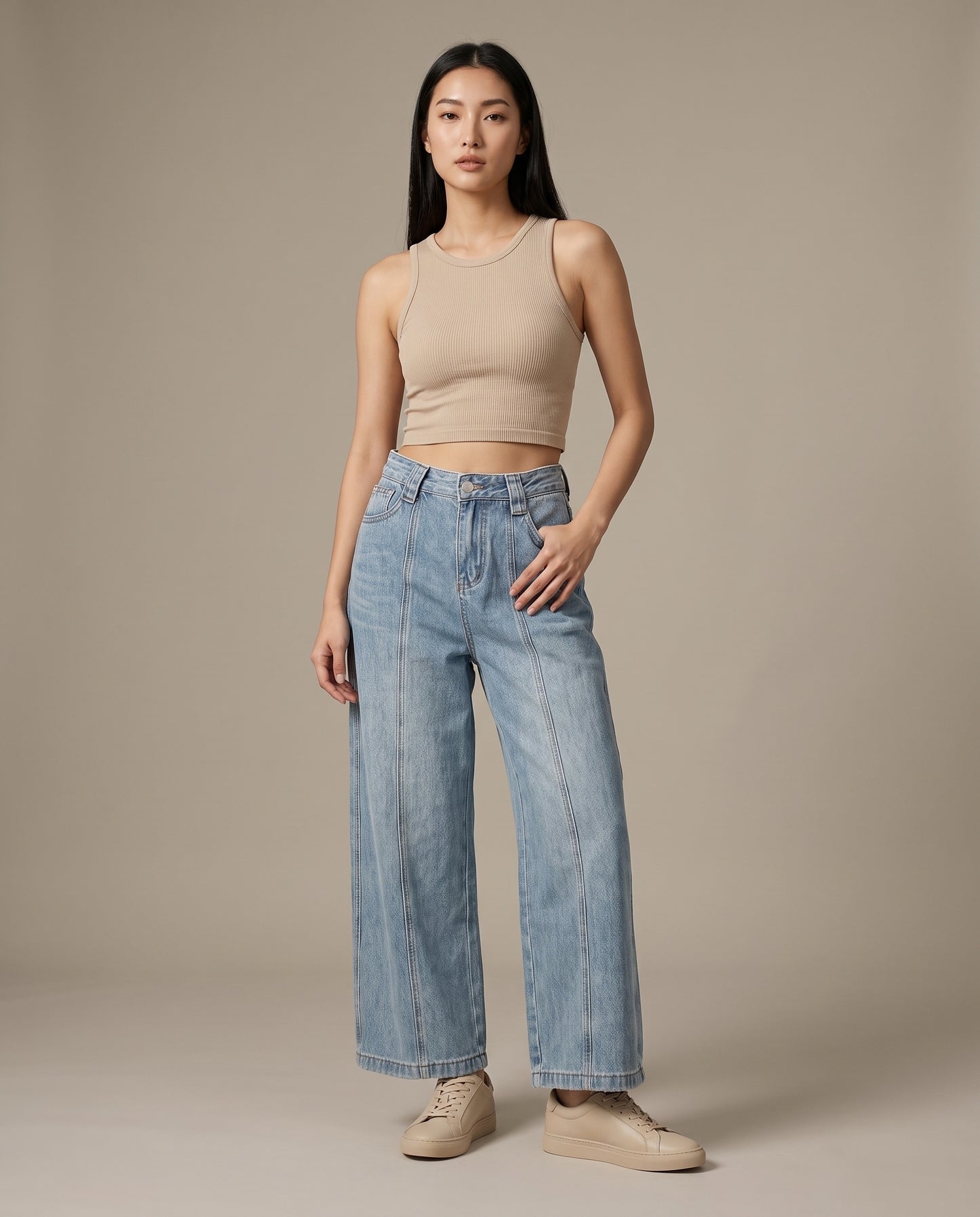 Retro Seamed Wide-Leg Jeans