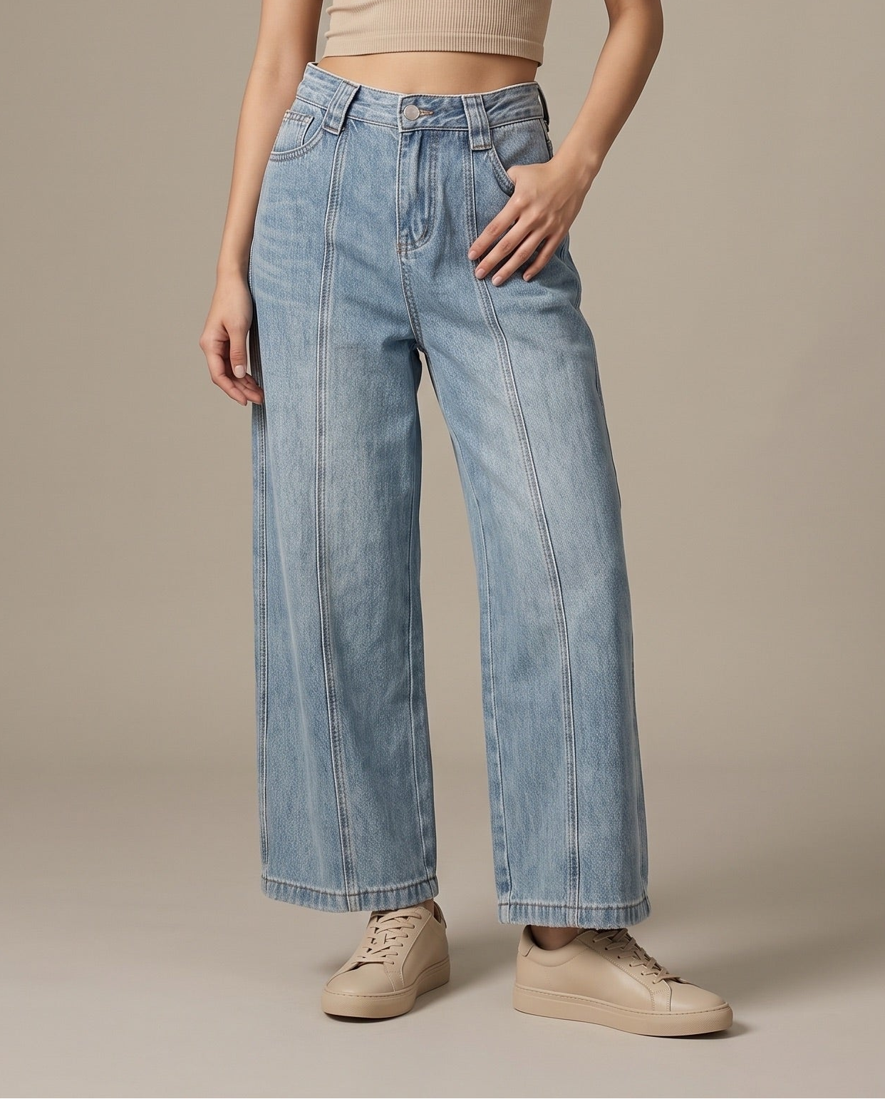 Retro Seamed Wide-Leg Jeans