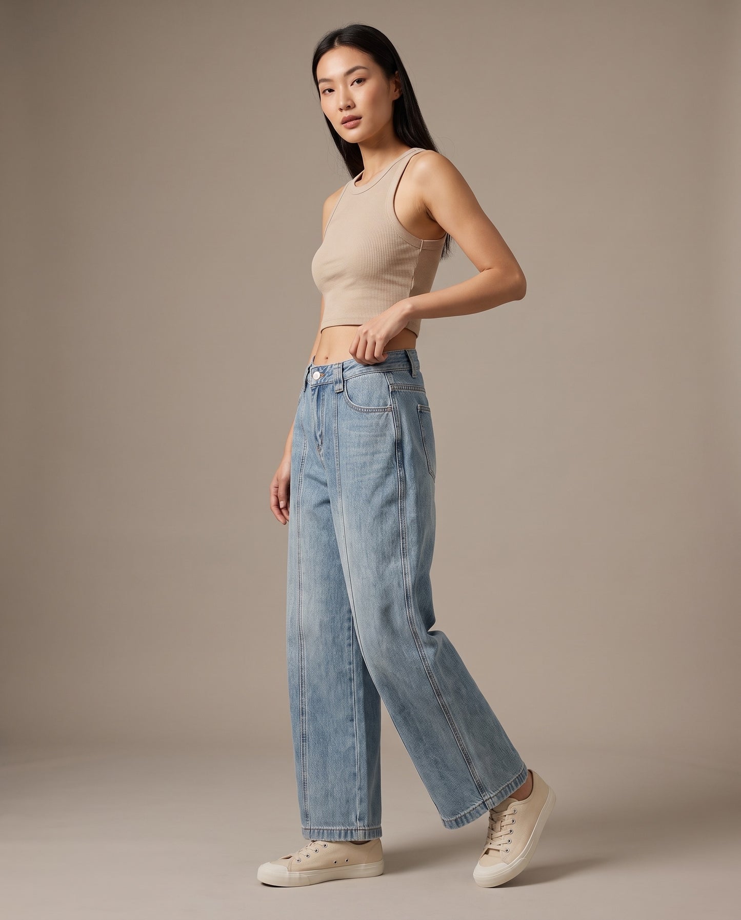Retro Seamed Wide-Leg Jeans