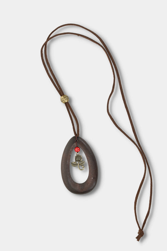 Wood Teardrop Rose Pendant Necklace (Walnut)