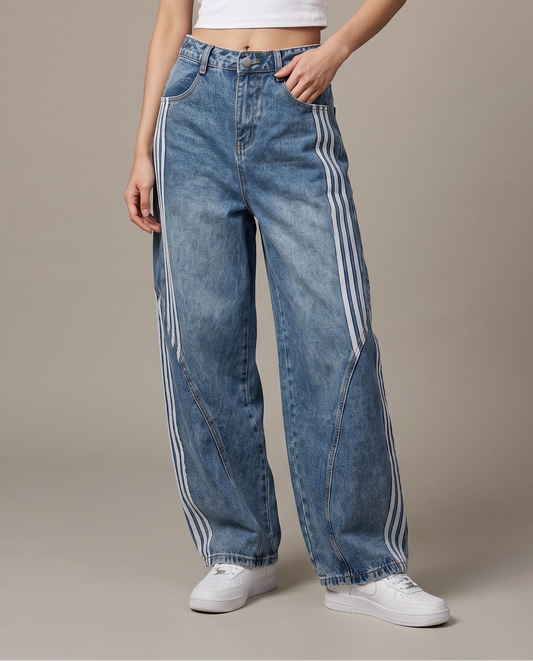 Side-Stripe Wide-Leg Jeans - Washed Blue