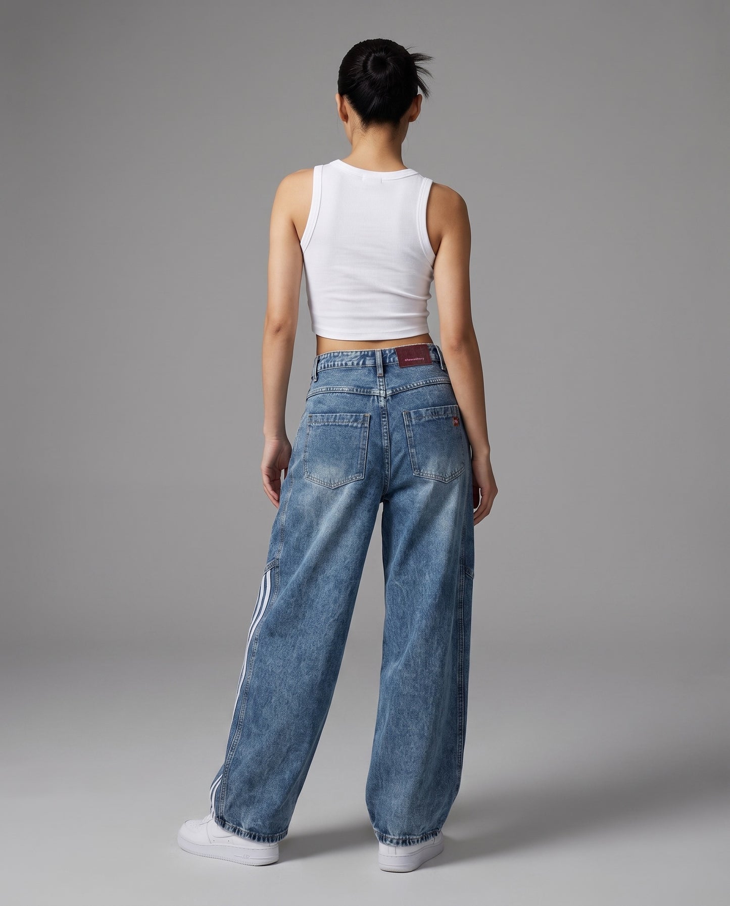 Side-Stripe Wide-Leg Jeans - Washed Blue