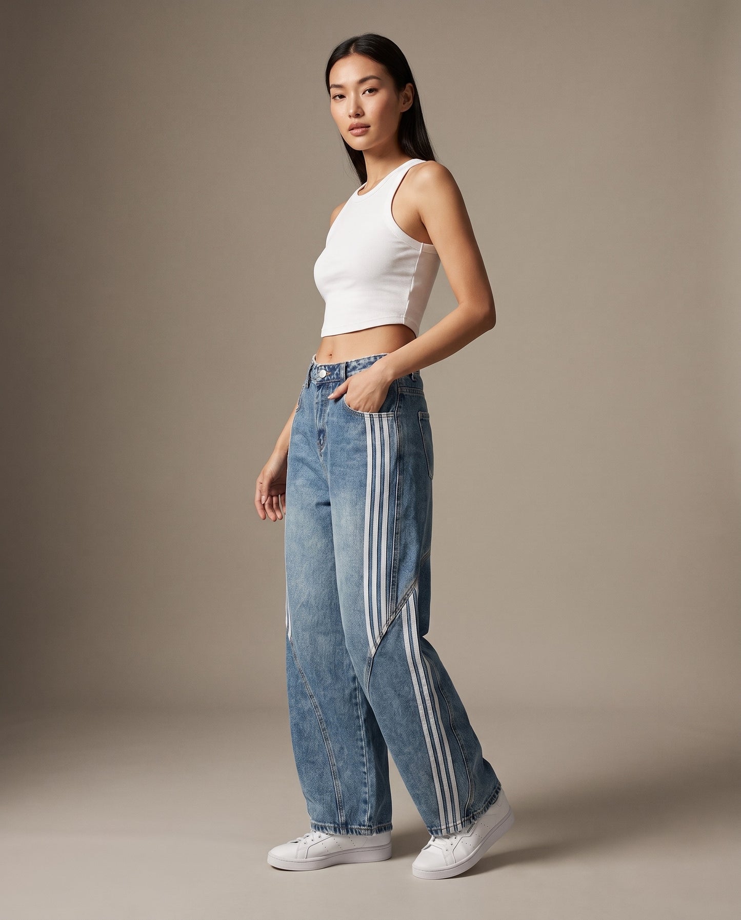 Side-Stripe Wide-Leg Jeans - Washed Blue