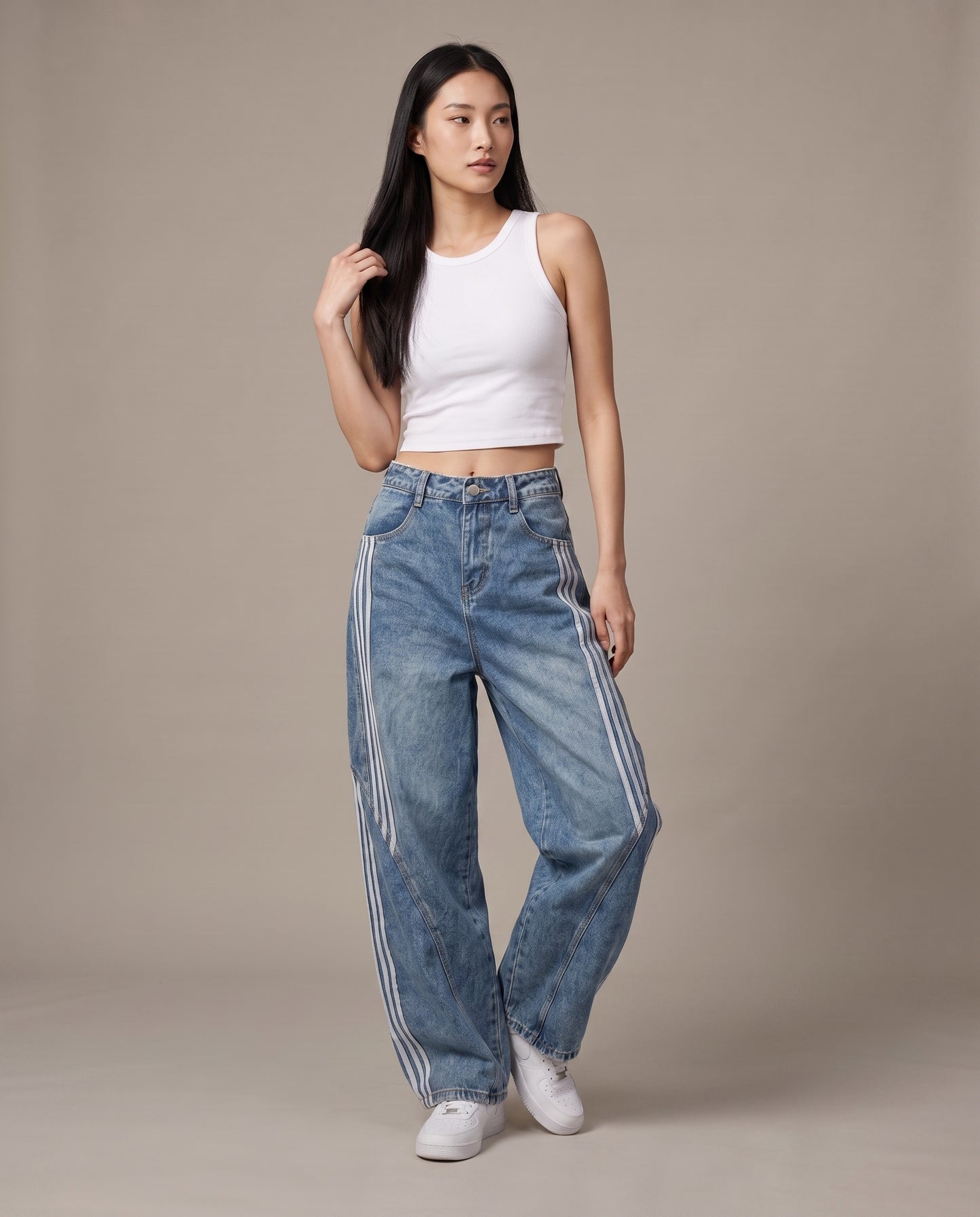 Side-Stripe Wide-Leg Jeans - Washed Blue